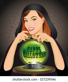 Happy Halloween background with witch with magic sphere. Halloween concept. Vector illustration. 