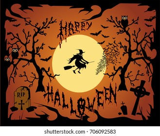 Happy Halloween background with witch, orange color 