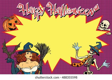 Happy Halloween background with witch, skeleton and pumpkin. pop art retro vector illustration. Copy space in centre