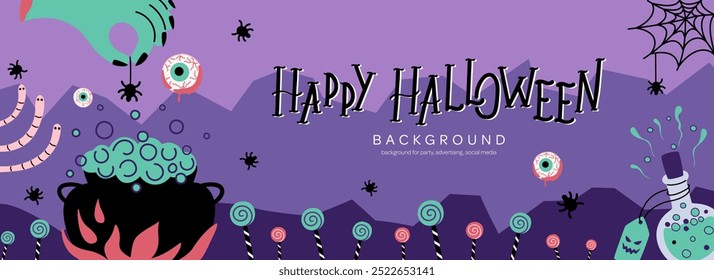 Happy Halloween background with witch's cauldron, dead hand, web, spiders, potion, lettering. Banner template for spooky party, advertising, social media. Vector illustration in flat design.
