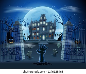 happy halloween background with zombie hand from the ground on graveyard with 
haunted house, pumpkins and full moon.