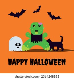 Happy halloween background.Background contain bats,zombie,black cat and ghost.