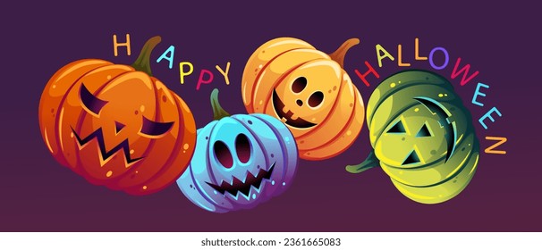 Happy Halloween background.Halloween pumpkins with funny and scary facial expressions.Vector illustration.