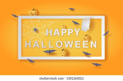 Happy Halloween background.Holiday enjoy funny horror party template.Creative minimal paper cut and craft style scene place of your text.Festival sale with bat and pumpkin frame concept.vector EPS10