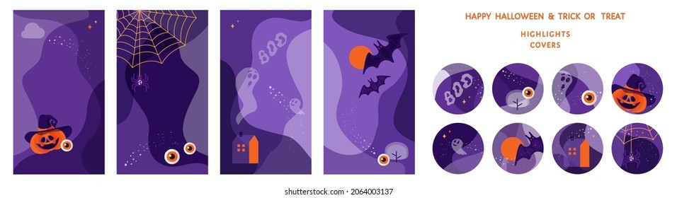 Happy Halloween backgrounds, round highlight covers, poster set, party invitation templates with bats, pumpkin, cute ghosts. Vector illustration. Full moon in the sky, cloud spider web. Place for text