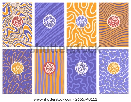 Happy Halloween backgrounds set. Abstract funky groovy psychedelic patterns. Round handwritten hand lettering collection. Twisted hand drawn wavy organic curved uneven doodle winding lines, stripes