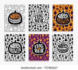 Happy Halloween backgrounds. Trick or Treat text lettering on pumpkin. Set of greeting cards vector templates with pumpkin, bats, ghost, skull and other spooky icons.