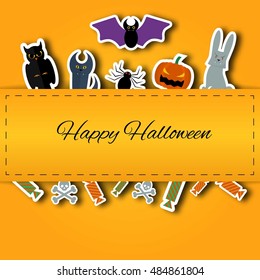 Happy Halloween background.Vector Flat Illustration. Signs and Symbols. Trick or Treat. Paper application with shadow.