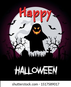 Happy Halloween background.Vector illustration ghost at a cemetery on halloween. Vector illustration