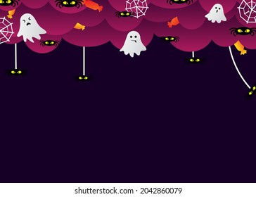 Happy halloween backround with fog in the night, ghost, witch, spider web, and cats