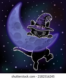 Happy halloween baclground,  black moon kitten, vector illustration