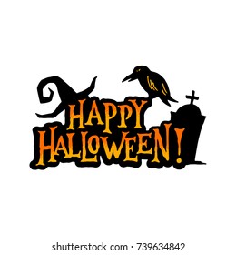 Happy Halloween Badge Banner. Vector Illustration of witch hat raven and gravestone.