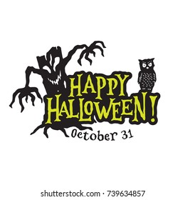 Happy Halloween Badge Banner. Vector Illustration of spooky evil tree and Night Owl.