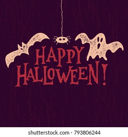 Happy Halloween Badge Banner. Vector Illustration of Bat Ghost and Spider.
