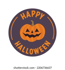 Happy halloween badge with carved pumpkin cartoon illustration. Cute spooky design.