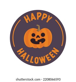 Happy halloween badge with carved pumpkin cartoon illustration. Cute spooky design.