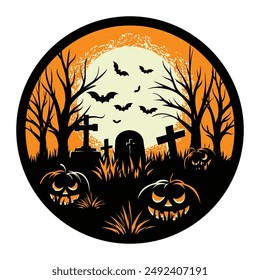 Happy Halloween Badge or label, Cemetery landscape with trees, tombstones and scary pumpkins