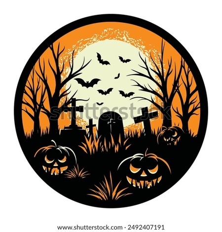 Happy Halloween Badge or label, Cemetery landscape with trees, tombstones and scary pumpkins