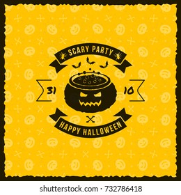 Happy Halloween Badge, sticker, label with yellow background. Design element for greeting card or party flyer. Vector illustration