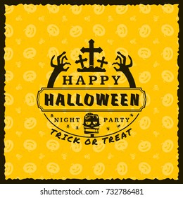Happy Halloween Badge, sticker, label with yellow background. Design element for greeting card or party flyer. Vector illustration
