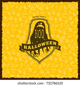 Happy Halloween Badge, sticker, label with yellow background. Design element for greeting card or party flyer. Vector illustration