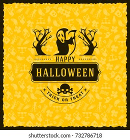 Happy Halloween Badge, sticker, label with yellow background. Design element for greeting card or party flyer. Vector illustration