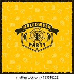Happy Halloween Badge, sticker, label with yellow background. Design element for greeting card or party flyer. Vector illustration