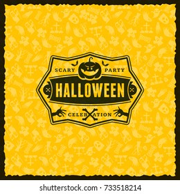 Happy Halloween Badge, sticker, label with yellow background. Design element for greeting card or party flyer. Vector illustration