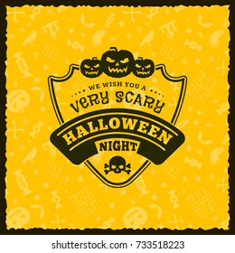Happy Halloween Badge, sticker, label with seamless yellow background. Design element for greeting card or party flyer. Vector illustration