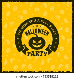 Happy Halloween Badge, sticker, label with yellow background. Design element for greeting card or party flyer. Vector illustration