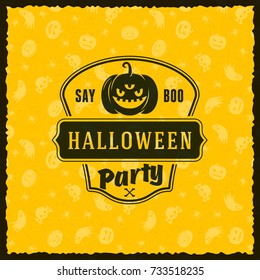Happy Halloween Badge, sticker, label with yellow background. Design element for greeting card or party flyer. Vector illustration