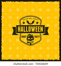 Happy Halloween Badge, sticker, label with yellow background. Design element for greeting card or party flyer. Vector illustration