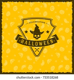 Happy Halloween Badge, sticker, label with yellow background. Design element for greeting card or party flyer. Vector illustration