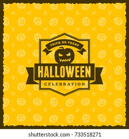 Happy Halloween Badge, sticker, label with yellow background. Design element for greeting card or party flyer. Vector illustration