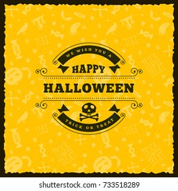 Happy Halloween Badge, sticker, label with yellow background. Design element for greeting card or party flyer. Vector illustration