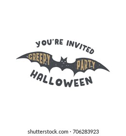 Happy Halloween badge. Vintage hand drawn logo design. Monochrome style. Typography elements and Halloween symbol - bat. Stock vector isolated on white background.