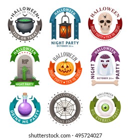 Happy Halloween badges and labels isolated on white. Fancy design vector illustration.