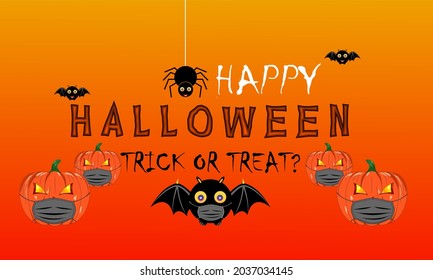 Happy Halloween! Happy Halloween bagground or banner with the theme of the COVID-19 pandemic. vector illustration of halloween pumpkin and bat wearing a mask