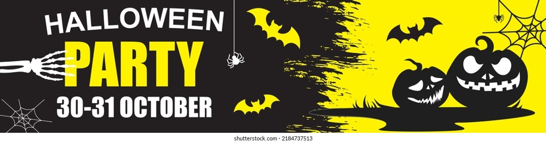 Happy Halloween Banner. 30-31 October Holiday Vector. Autumn Party Event Invitation. Website Header Template With Spooky Pumpkin, Spider Web And Flying Bat Illustration