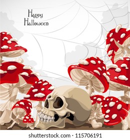 Happy Halloween banner with amanita mushroom frame and skull