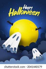 Happy Halloween banner art background with ghost vector illustration