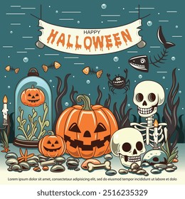 Feliz Anuncio de Halloween en la atmósfera de Bajo el mar, calabaza de Halloween, calavera, huesos de pescado, estilo vintage. Ilustración vectorial