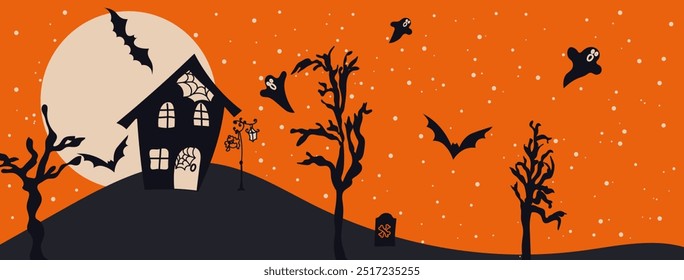 Fondo feliz del Anuncio de Halloween con los murciélagos, las calabazas y más. Ilustración vectorial.