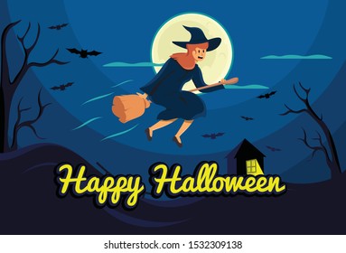 Happy Halloween banner background with beauty flying witch vector.flat illustration