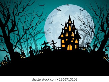 Felices banderas de Halloween fondo con cementerio cazado castillo volando murciélagos muertos y luna llena de brillo