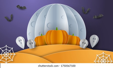 Happy Halloween banner background with clouds and pumpkins in paper cut style. Full moon in the sky, spiders web, skull, ghost and flying bats. Vector Illustration