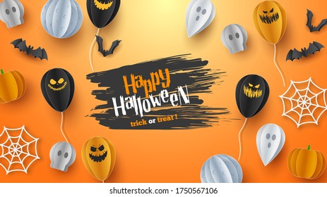 Happy Halloween banner background with clouds and pumpkins in paper cut style. Full moon in the sky, spiders web, skull, ghost and flying bats. Vector Illustration