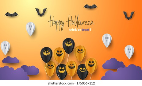 Happy Halloween banner background with clouds and pumpkins in paper cut style. Full moon in the sky, spiders web, skull, ghost and flying bats. Vector Illustration