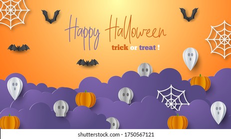 Happy Halloween banner background with clouds and pumpkins in paper cut style. Full moon in the sky, spiders web, skull, ghost and flying bats. Vector Illustration