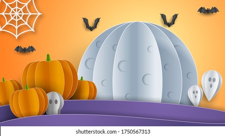 Happy Halloween banner background with clouds and pumpkins in paper cut style. Full moon in the sky, spiders web, skull, ghost and flying bats. Vector Illustration